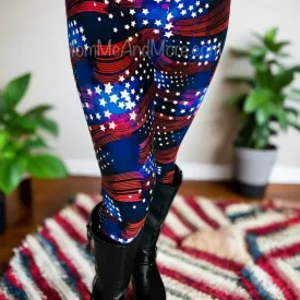 Womens American Flag Leggings, Patriotic 4th of July Pants, Sizes 18-22, No-Roll Waist, Red/White/Blue