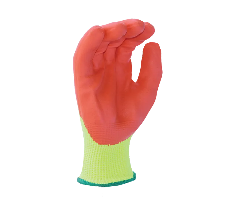 13 gauge Hi-Viz Yellow HDPE shell, Hi-Viz Orange Foam Nitrile Palm coated, ANSI A4