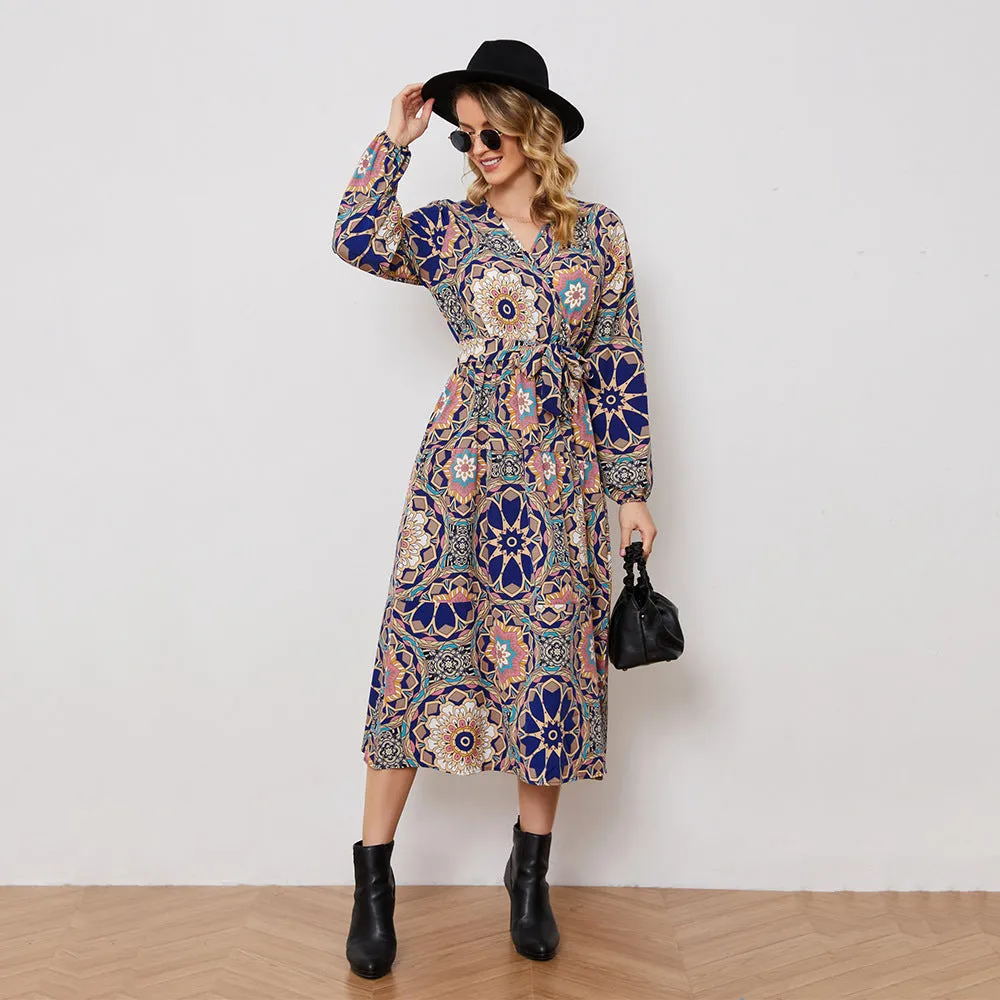 Abstract Print Lace-Up Long Sleeve Mid-Length Shirt Dress Wholesale Dresses