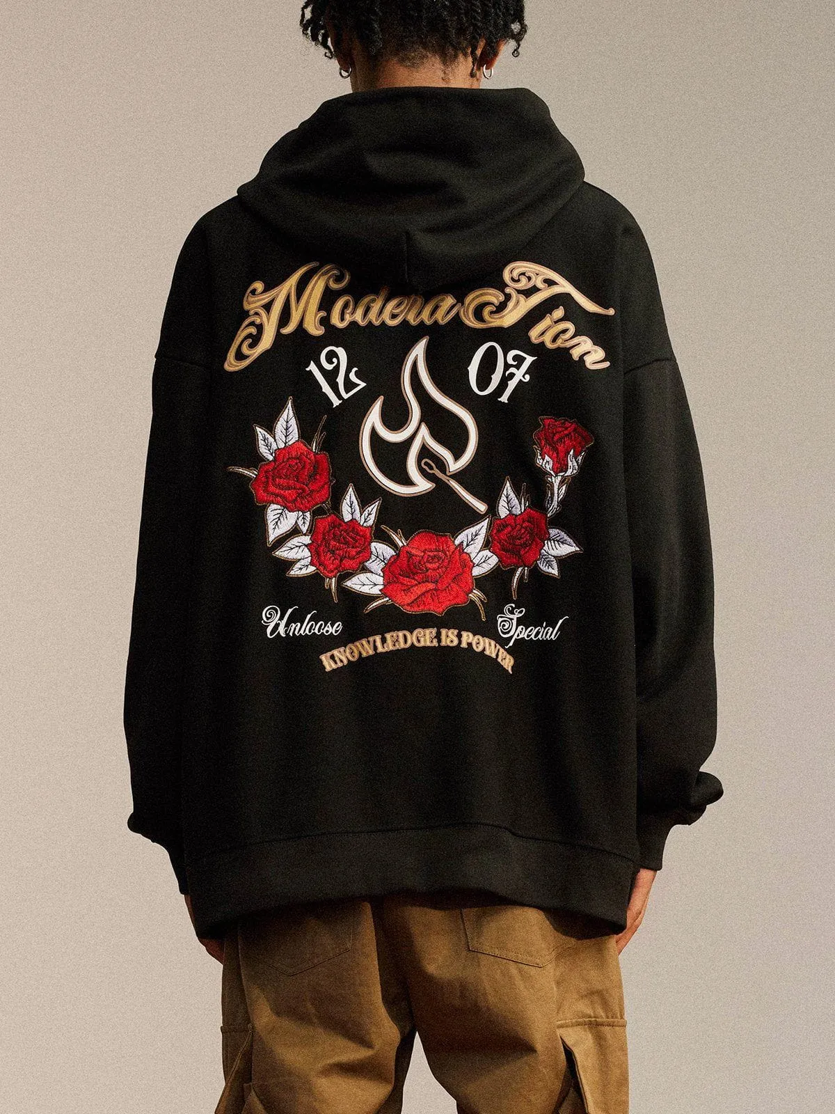 AlanBalen® - Flames and Roses Embroidered Hoodie