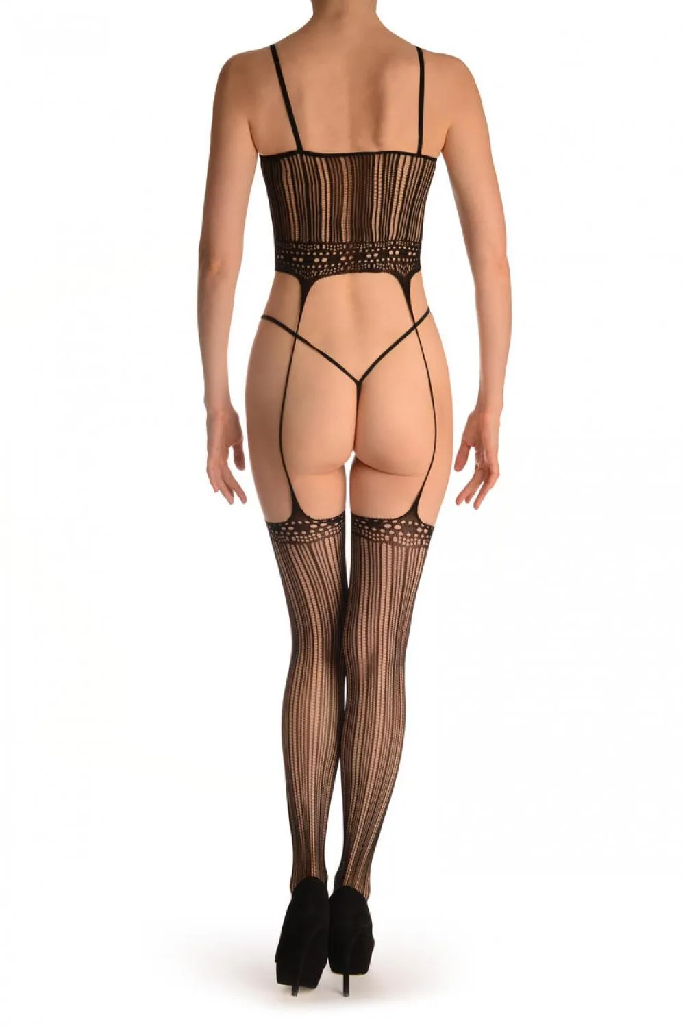 Black Burlesque Bodystocking With Attached Stockings