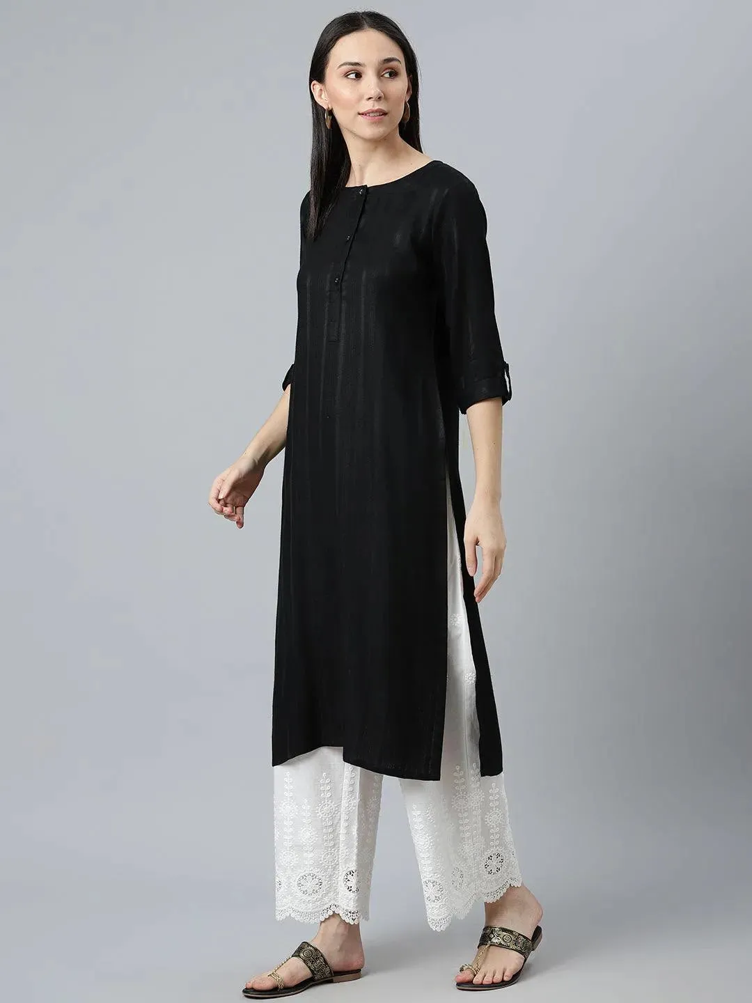 Black Striped Rayon Kurta