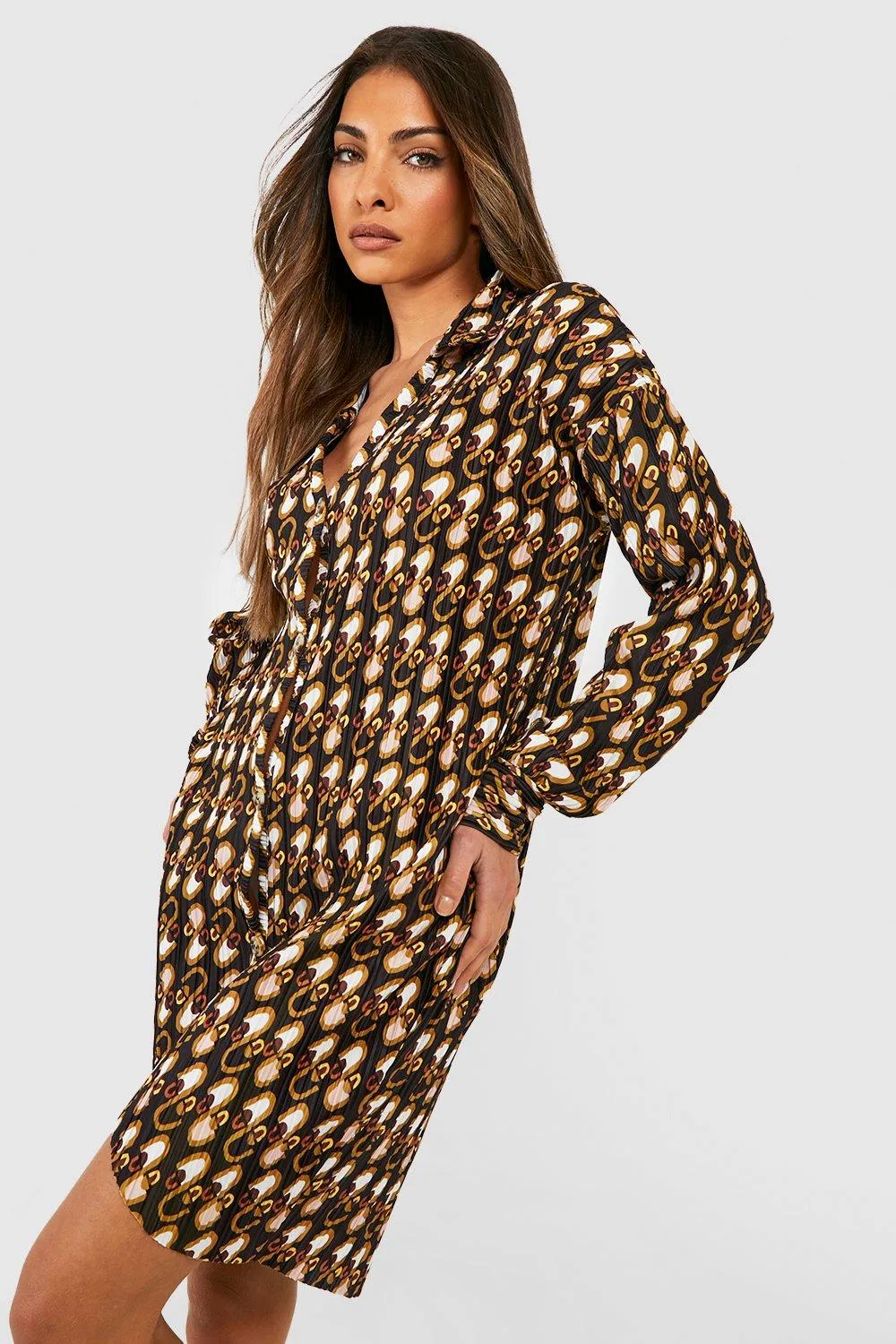 Boohoo Oversized Chain Print Shirt Dress, Black