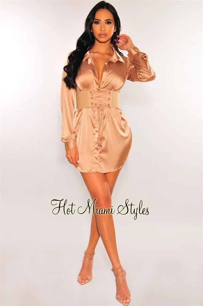 Champagne Satin Collared Button Down Belted Shirt Dress