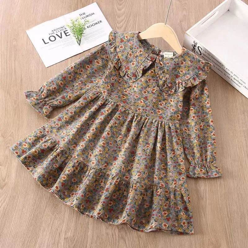 Floral Flannel Dress with Ruffle Collar for Girls