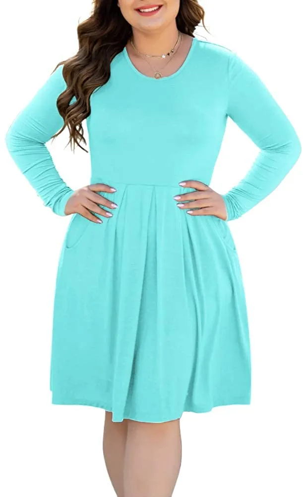 HAOMEILI Women's Plus Size Long Sleeve Dress Casual Pleated Swing Dresses with Pockets