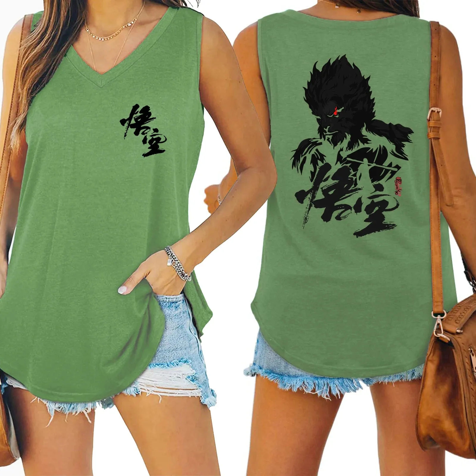 LVSANW Black Myth Wukong Sun Wukong Tank V-neck Female Vest Loose Oversized Women No Sleeve Top