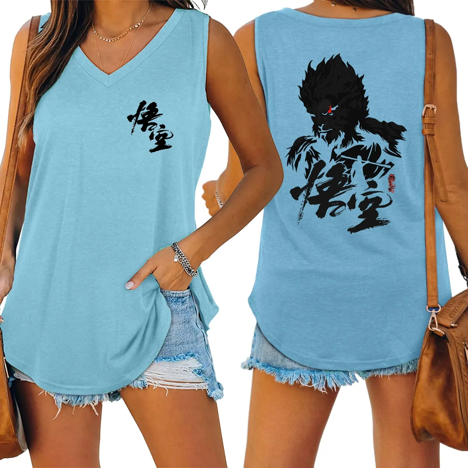 LVSANW Black Myth Wukong Sun Wukong Tank V-neck Female Vest Loose Oversized Women No Sleeve Top