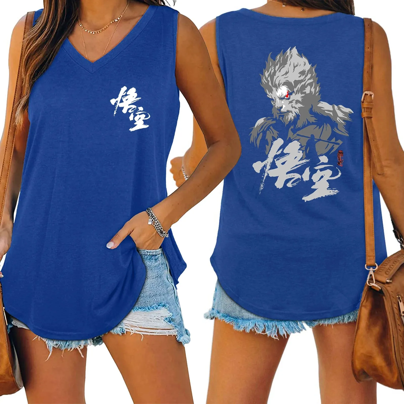 LVSANW Black Myth Wukong Sun Wukong Tank V-neck Female Vest Loose Oversized Women No Sleeve Top