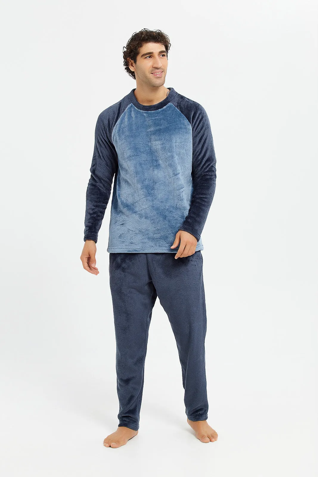 Men Navy Soft Fleece Night Suit (2 Piece)