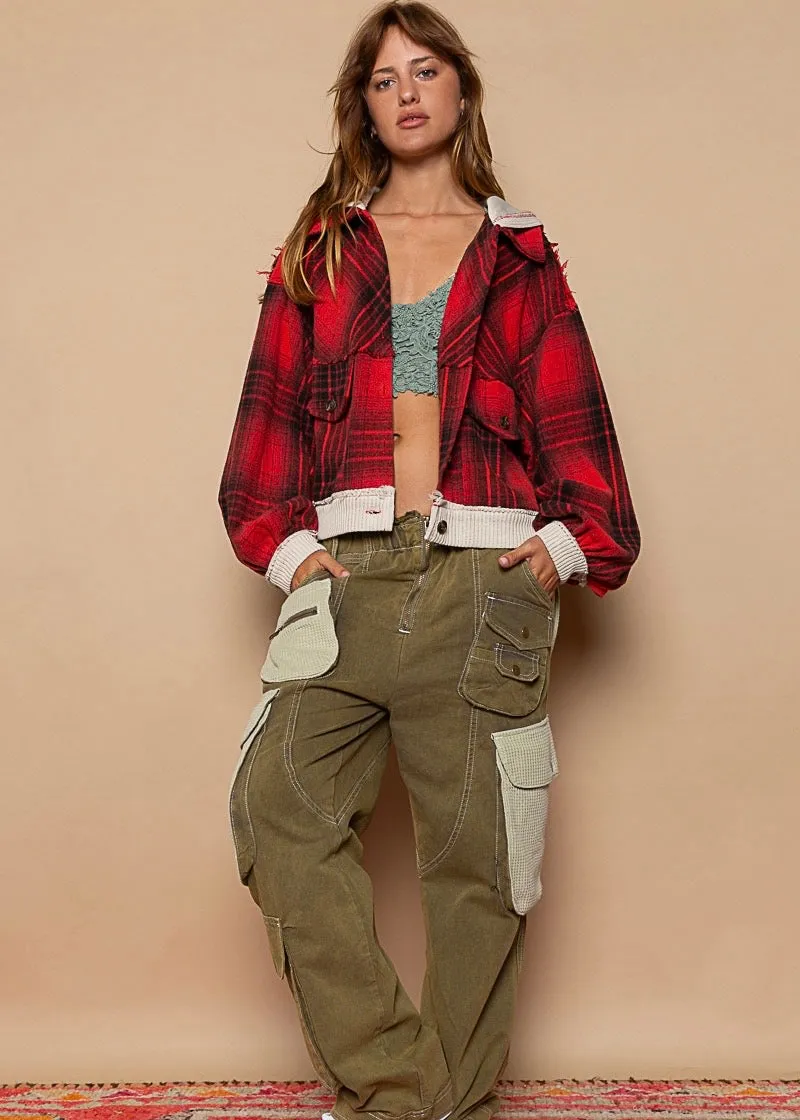 Never Plaid It So Well Cropped Flannel Shacket in Candy Apple Red