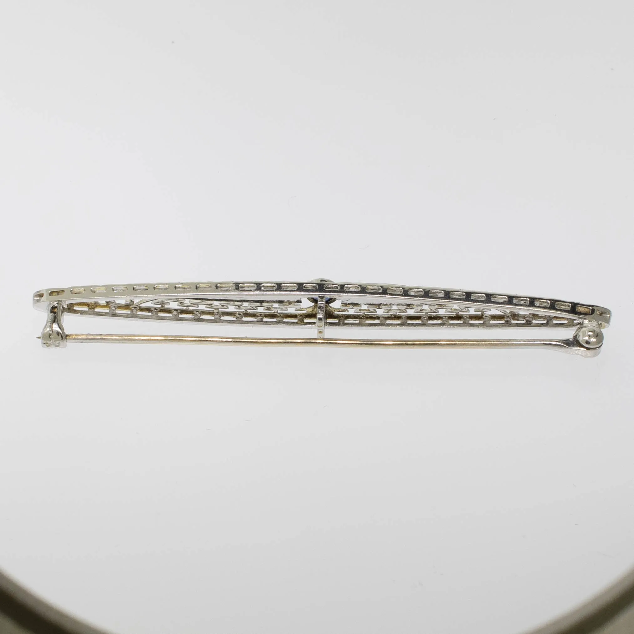 Preowned 14K White Gold Filigree Pin with Sapphire - 63.5mm Long