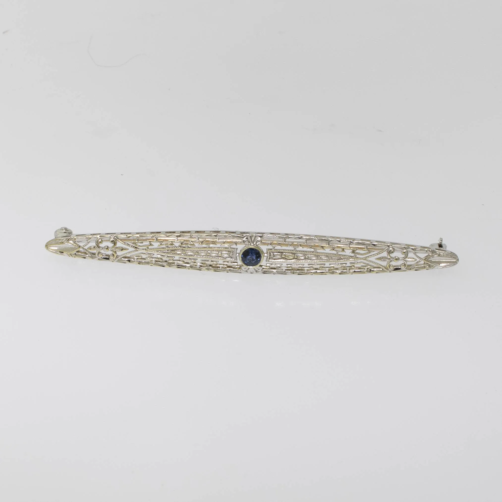 Preowned 14K White Gold Filigree Pin with Sapphire - 63.5mm Long