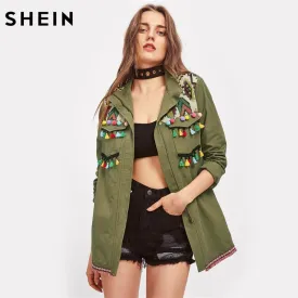 SHEIN Green Lapel Embroidered Yoke Tassel and Pom-Pom Trim Utility Jacket Zipper Casual Autumn 2017 Women Jacket