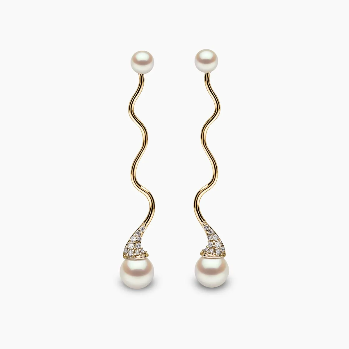 Sleek 18K Gold Double Pearl and Diamond Wave Earrings