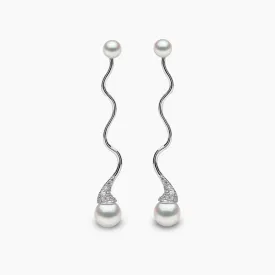 Sleek 18K Gold Double Pearl and Diamond Wave Earrings