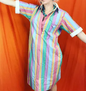 Vintage 80s 90s | Rainbow Stipe Cotton Shirt Dress | Size 8