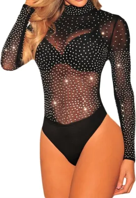 Women'S Sexy Rhinestone Sheer Mesh Long Sleeves Bodysuit S-3XL