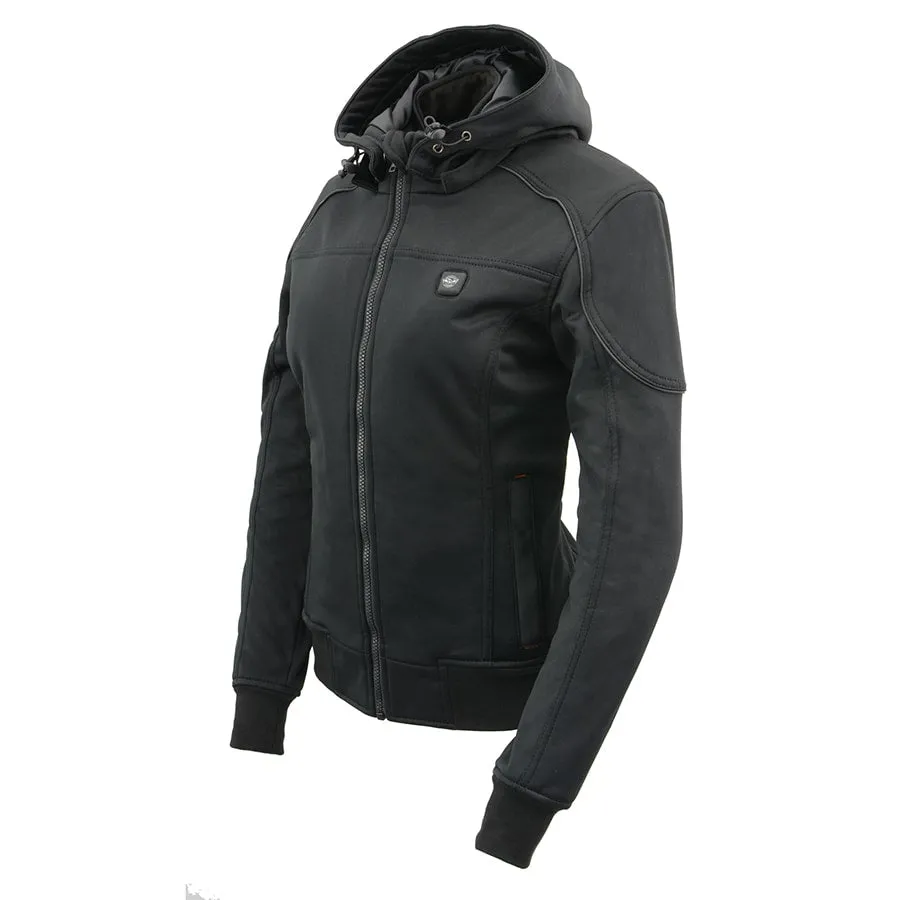 Womens Soft Shell Heated Racing Style Jacket with Detachable Hood