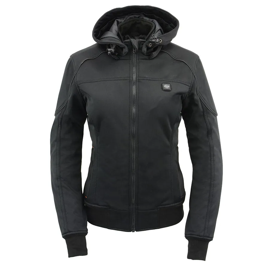 Womens Soft Shell Heated Racing Style Jacket with Detachable Hood